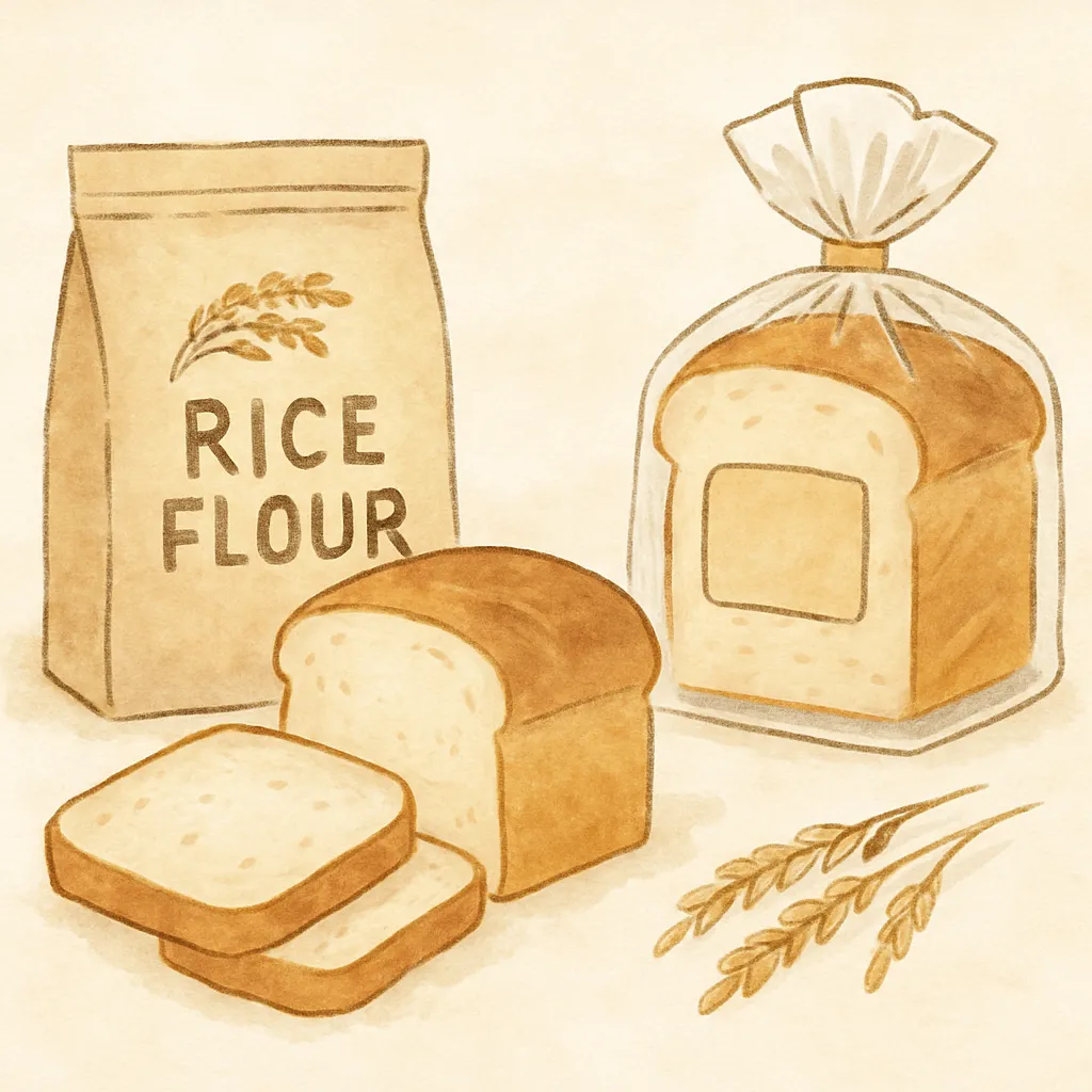 クラフト紙の“RICE FLOUR”と書かれた袋、透明な袋に包まれた米粉パン、スライスされた無添加米粉パン、そして稲穂が並ぶ手描き風のやさしいイラスト。