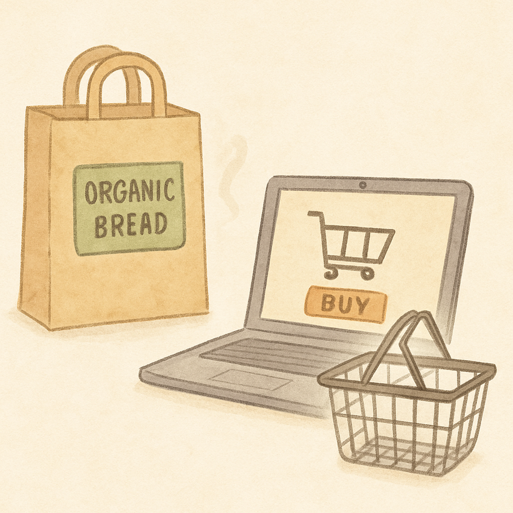 クラフト紙の“ORGANIC BREAD”の紙袋、買い物カートのアイコンと“BUY”ボタンが表示されたノートパソコン、そしてワイヤー製の買い物かごが描かれた、オンライン購入をイメージした手描き風イラスト。