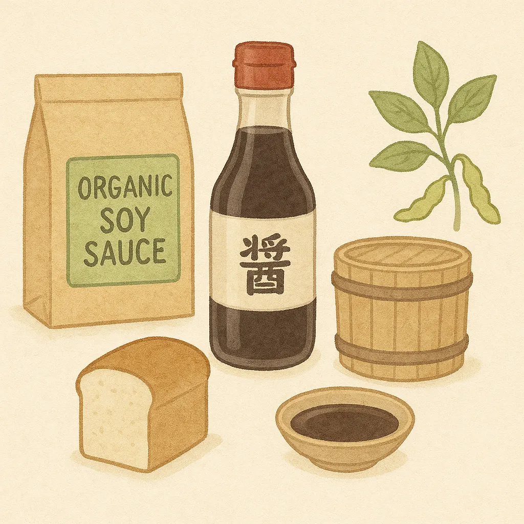 “ORGANIC SOY SAUCE”のクラフト袋、瓶入りの醤油、伝統的な木樽、醤油皿、枝付きの大豆が描かれた、素朴で温かみのある手描き風イラスト。