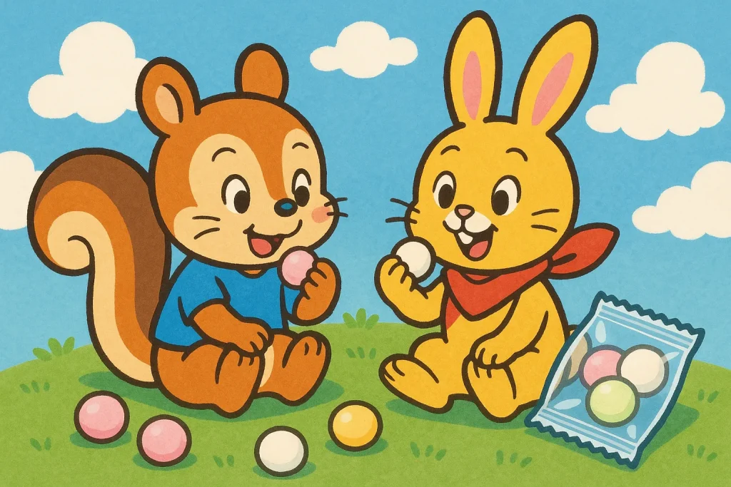 草の上に座ったリスとウサギのキャラクターがカラフルなラムネを食べながら笑っている、クッピーラムネピュアをイメージしたイラスト。背景は青空と白い雲。