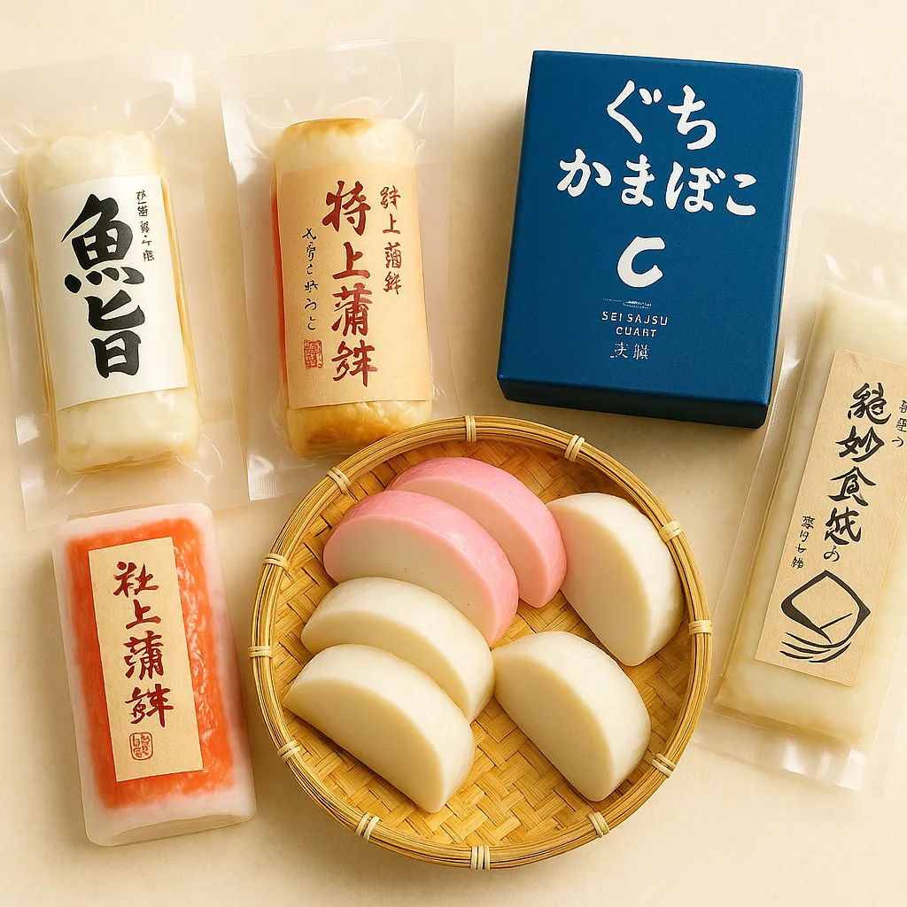 木製の皿に盛り付けられた複数種類の無添加かまぼこ。笹かまぼこ、板付きかまぼこなど、色とりどりの練り物が整然と並べられている」