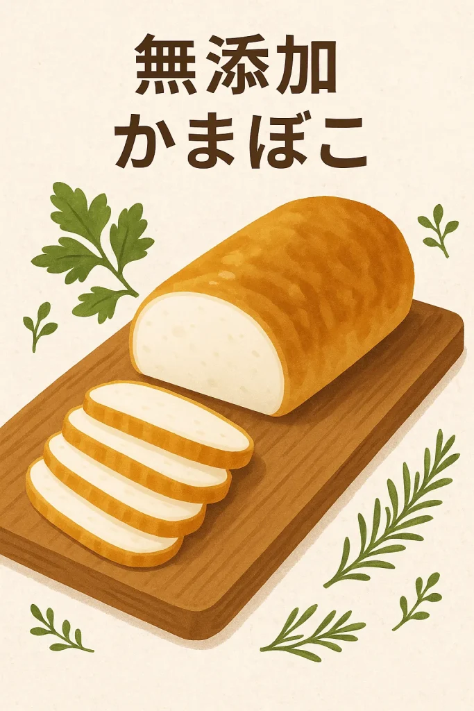 「2Dイラストで描かれた、竹の皮に包まれた大型のかまぼこ。無添加をイメージしたシンプルで自然な色合いの和風グラフィック