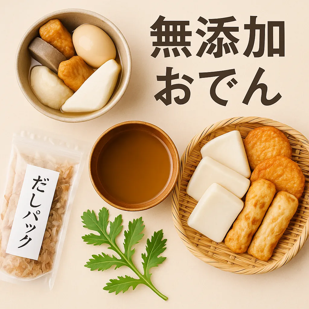 木製のテーブルの上に、様々なおでんの具材(ちくわ・こんにゃく・卵・ごぼう巻など)が盛られた白い器と、隣には透明なガラスの器に入った黄金色の出汁、その横に「天然だし」と書かれただしパックの袋が並べられている。素朴で温かみのある雰囲気。