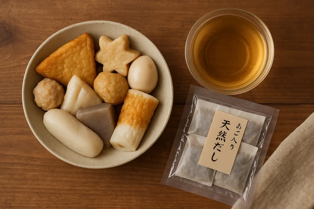 白い陶器の皿に盛られたおでんの具材と、その隣に無添加をイメージさせるナチュラルパッケージのだしパックが置かれ、背景には麻布が添えられている、上から見た構図の写真。